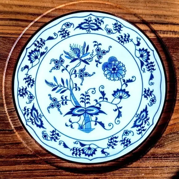 Vintage Dolphin Teakwood Cloche Blue White Center Tile Cheese Board - Picture 3 of 8